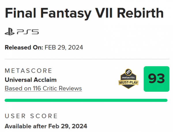 Final Fantasy VII Rebirth для PS5 получила 93 балла на Metacritic — у нее самая высокая оценка в серии со времен Final Fantasy IX