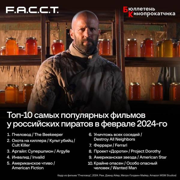 "Пчеловод" и "Аргайл" вошли в список фильмом с самым большим числом пиратских копий в Рунете за февраль
